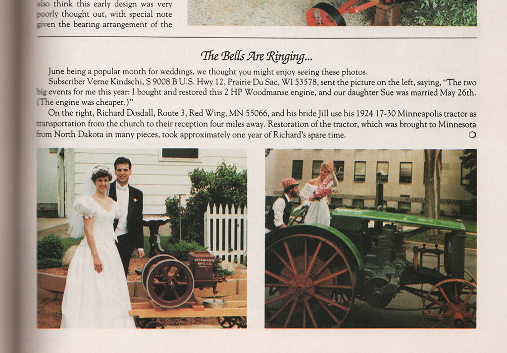 An article featuring Rich and Jill's wedding tractor ride. 