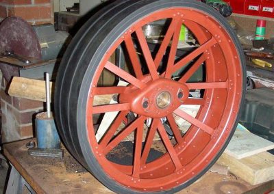 Nearly finished traction engine wheel.