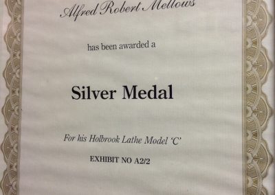 Alfred's silver medal for the 1/6 scale Holbrook lathe.