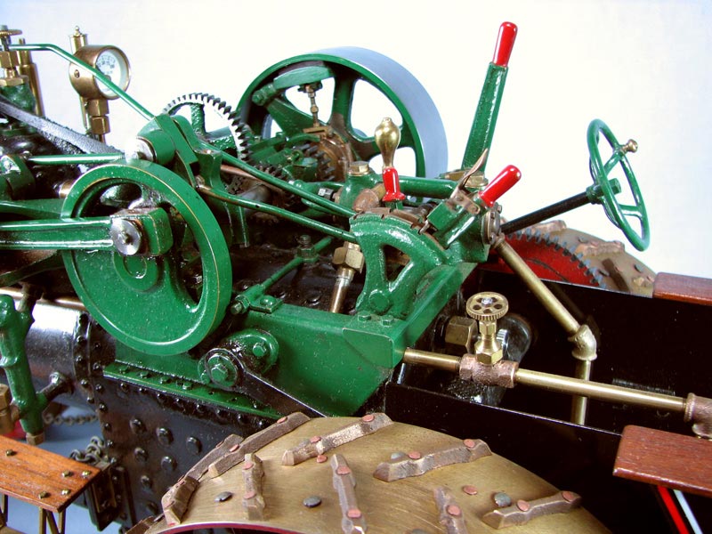 Detailed close-up of a Case traction engine.