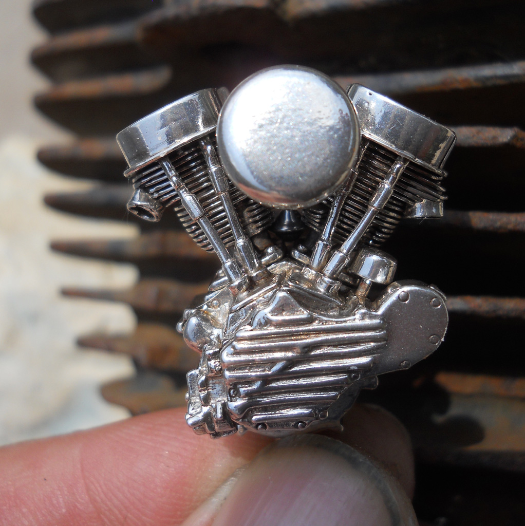 Bryan's tiny Harley-Davidson Panhead engine pin. 