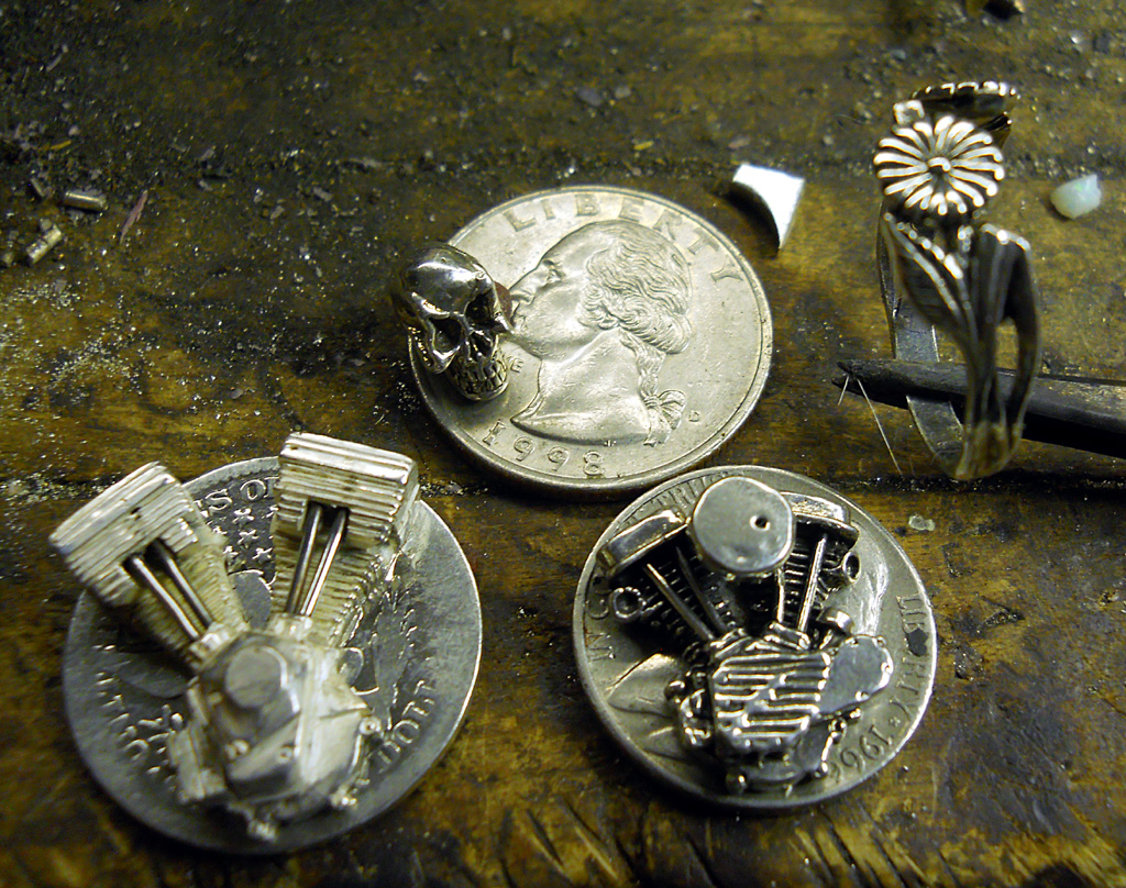 Some of Bryan's tiny engines with a silver skull.