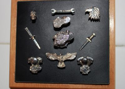 The full collection of Bryan's pins at the Craftsmanship Museum.