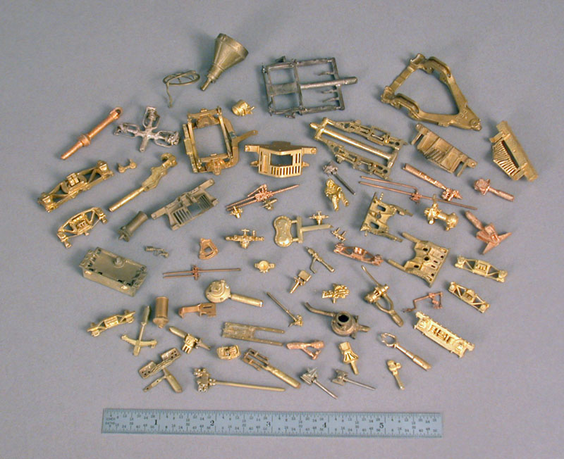 A vast array of wax brass castings made by Bill. 