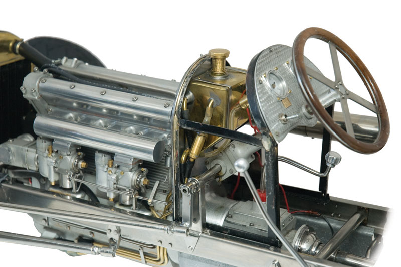 A close view of the engine compartment and dash.