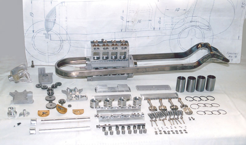 The engine frame and various components. 