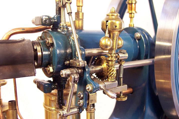 A close view of the horizontal hot-bulb engine. 