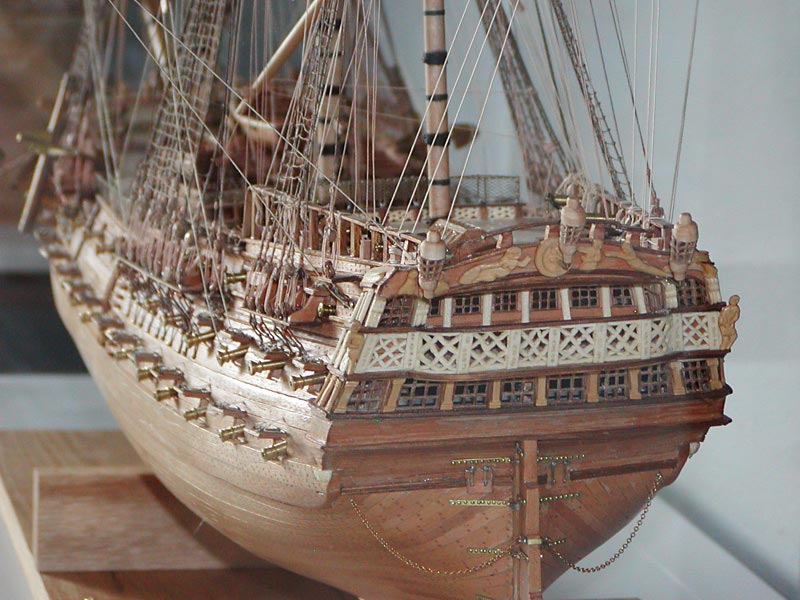 A rear view of the scale model HMS Bellona.