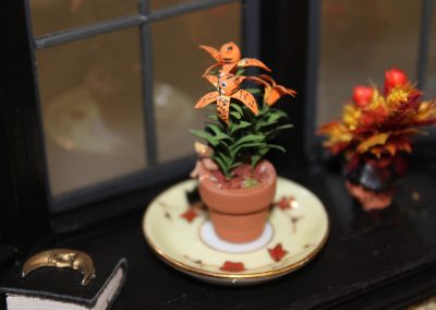 A close-up of some miniature tiger lilies in the Witch house.