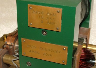 A close look at the plaque for the miniature dynamo.