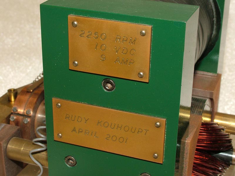 A close look at the plaque for the miniature dynamo.