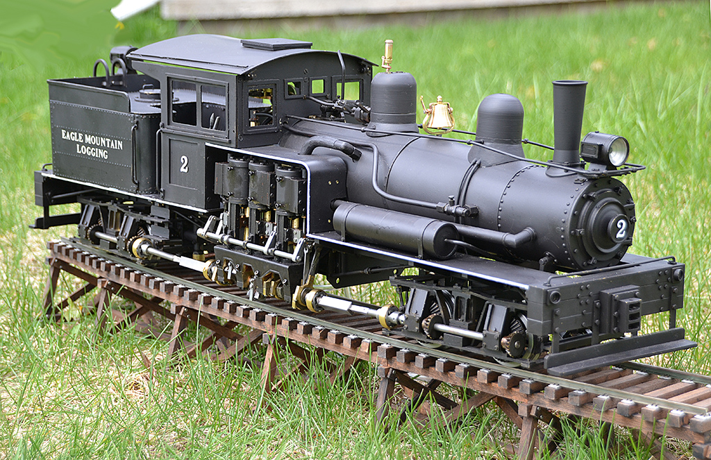 The finished scale model Shay locomotive.