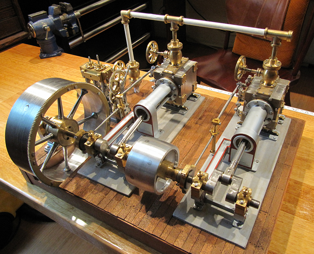 Chris' twin-cylinder adaptation of the Model Engine Maker Corliss engine. 