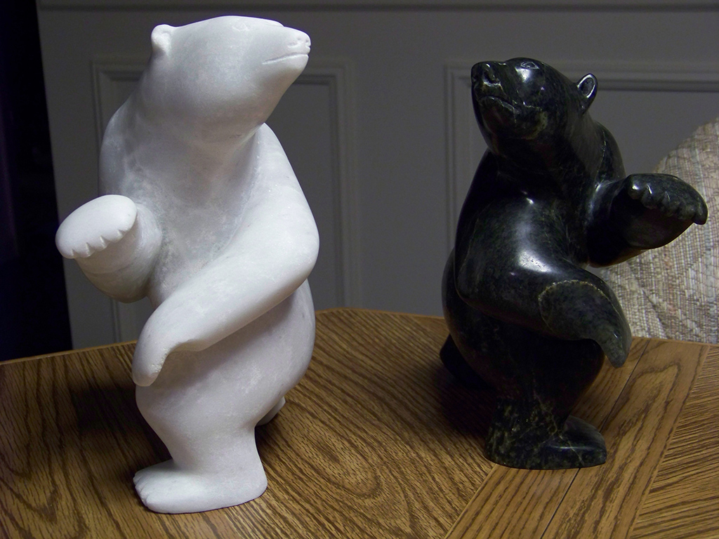 The marble dancing bear that Chris carved alongside the serpentine original. 