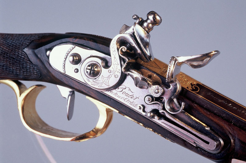 A close-up of the lock plate on Michel's 1/3 scale blunderbuss. 