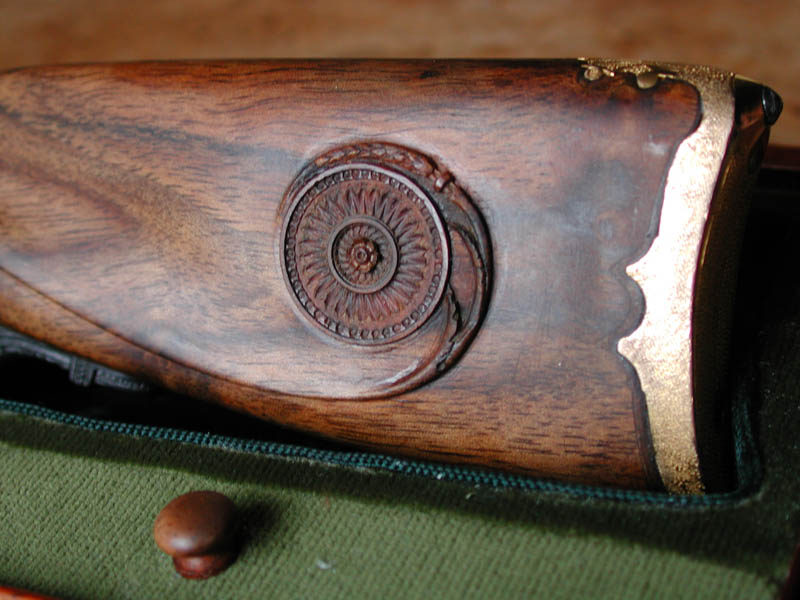 The left shoulder stock side of the miniature blunderbuss.