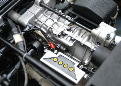 A top view of the transmission and battery.