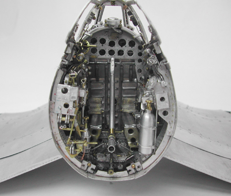 Looking forward into the cockpit, with the rear of the fuselage removed.