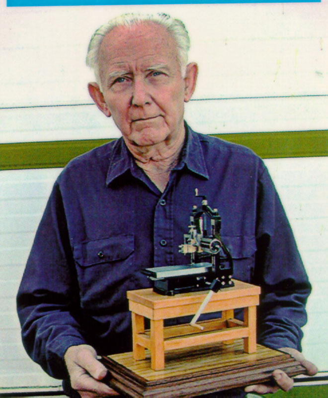 Al Osterman poses with his 1/6 scale hand-operated planer.