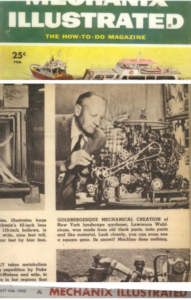 Lawrence Wahlstrom and his Do Nothing Machine in Mechanix Illustrated.