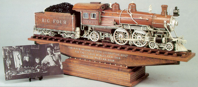 Mooney Warther’s carving of the “Big Four” 4-4-2 Atlantic locomotive. 