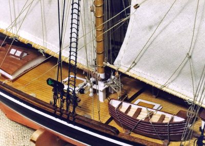 Close-up details of the model schooner.