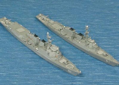 Mr. Warren’s matchstick models of USS Winston Churchill (left), and USS Arleigh Burke (right).