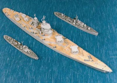 Mr. Warren’s matchstick models of HMS Bicester (left), the French battleship Richelieu (middle), and HMS Matchless (top right).