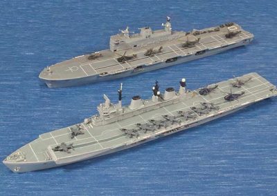 Matchstick models of HMS Ocean (top) and HMS Illustrious (bottom).