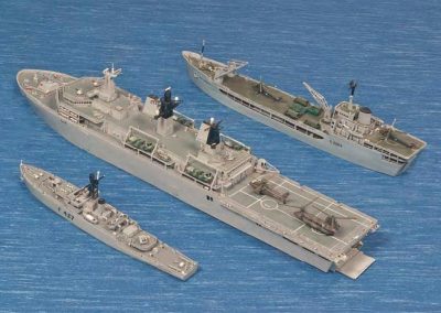 From the lower left to upper right are HMS Loch Lomond, HMS Albion, and RFA Sir Bedivere.
