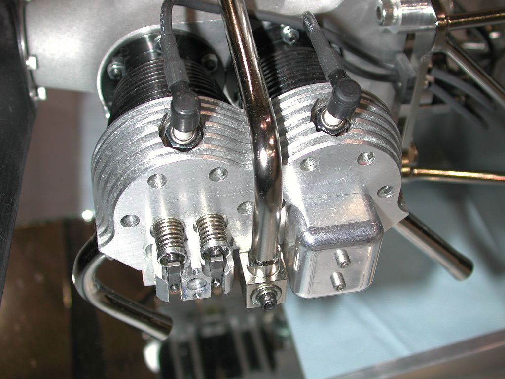 A close-up of the Satra 4-cylinder aircraft engine. 