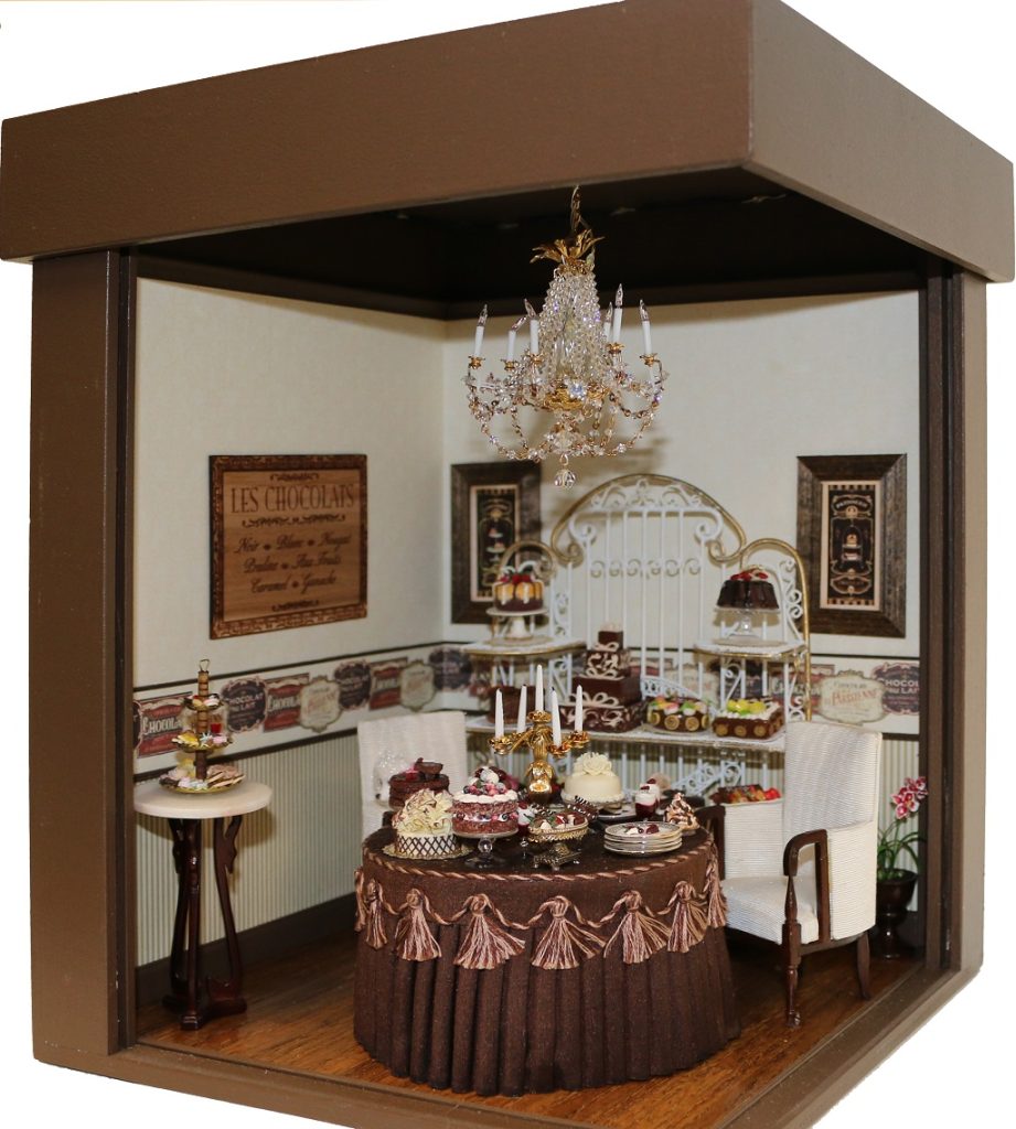 This miniature chocolate shop scene titled, “Les Chocolats” was crafted by Debi Cerone.