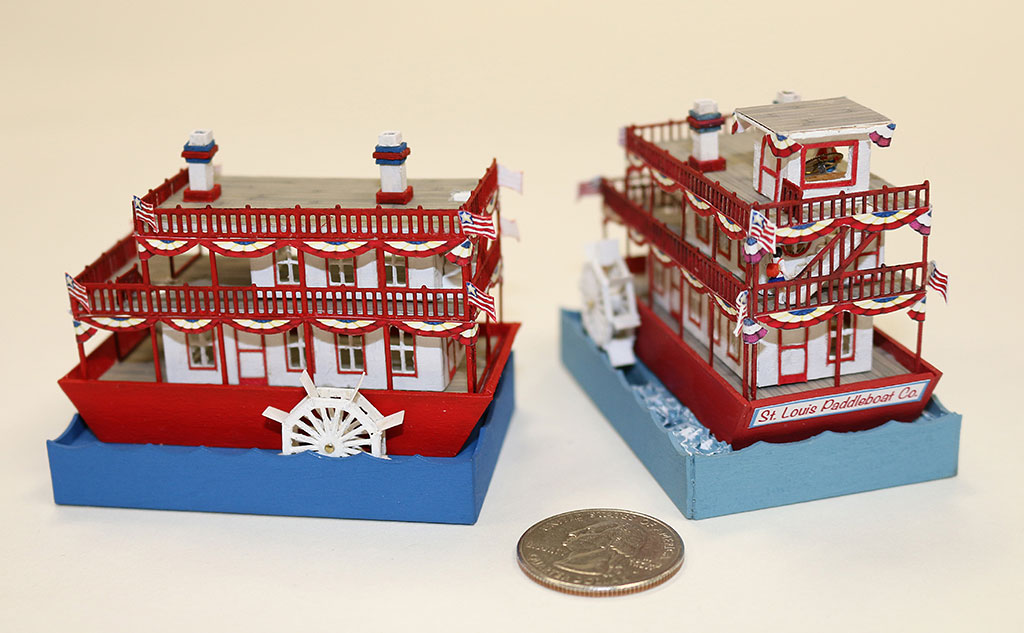 These 1/288 scale Paddlewheel Boats were made by Peggy Boggeln and Jackie Hoefert. 