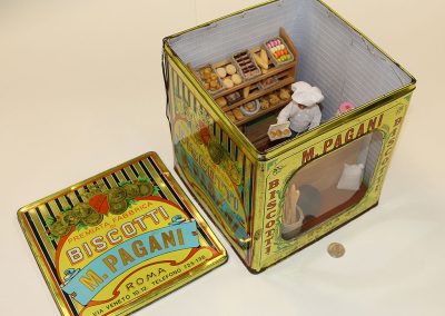 Julia Tollafield built her 1/12 scale “Italian Bakery” inside a vintage biscotti tin.