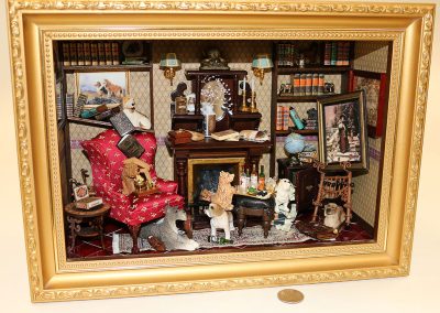 This 1/12 scale miniature room by Debi Cerone is called, “Who Let the Dogs In?”