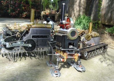 Three of I-Wei’s steam powered robots exhibit various modes of locomotion.