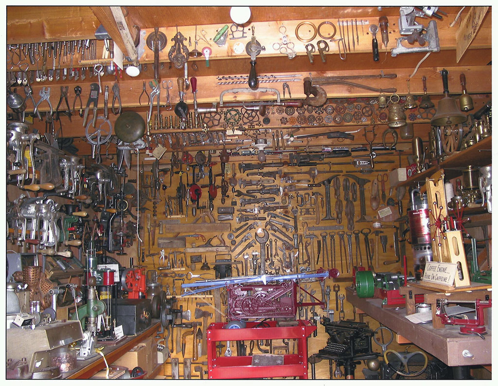 A peek inside of Birk's workshop reveals his huge collection of tools and gadgets.
