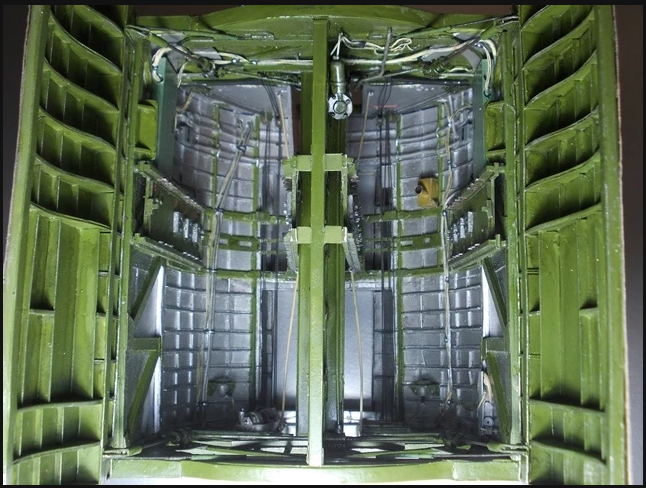 The inside of the B-17G bomb bay as seen from underneath.