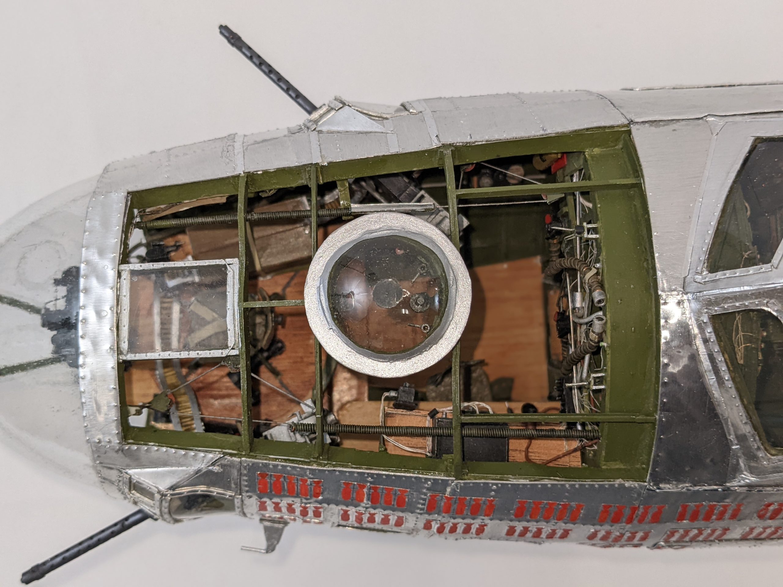 An overhead view of the nose section of Martin's scale model B-17G fuselage.