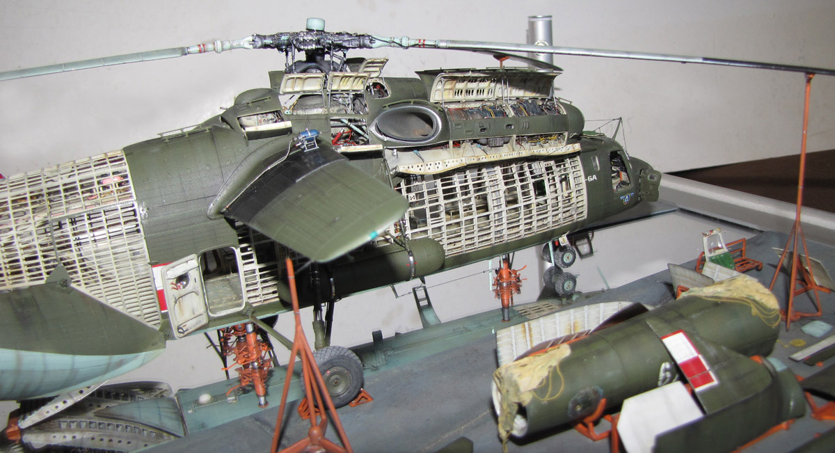 Andrzej's scale Mi-6 helicopter in its miniature hangar.
