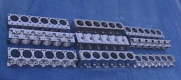 Three sets of cylinder block components for the Deltic engine. 