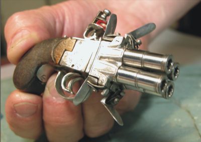 Antonio’s miniature four-barreled flintlock pocket pistol.