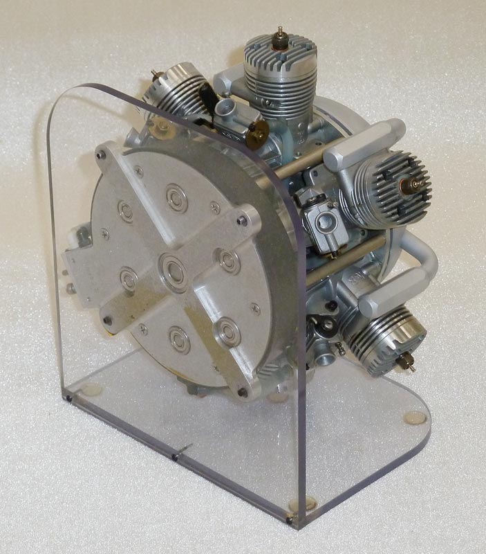 A rear view of the Mike GR6-120 6-cylinder 2-cycle radial model airplane engine.