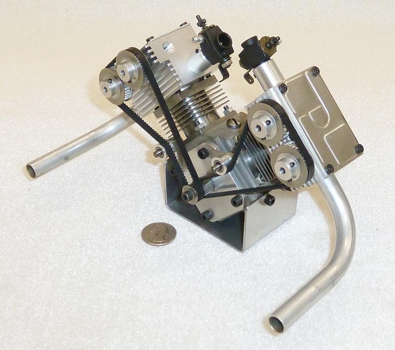 A rear view of the Schillings V-twin DOHC engine.