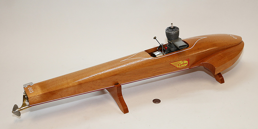 The Super Cyclone wooden tether boat.