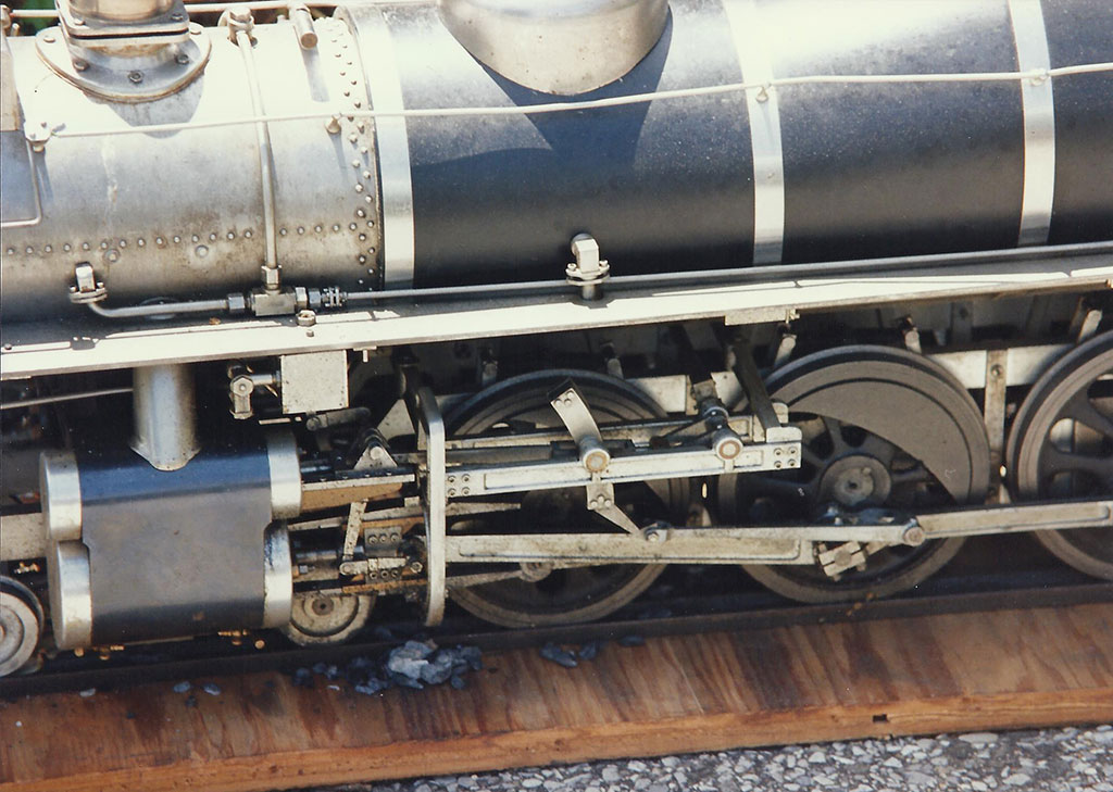 A close-up of the 3/4"-scale live steam 4-6-4 locomotive.