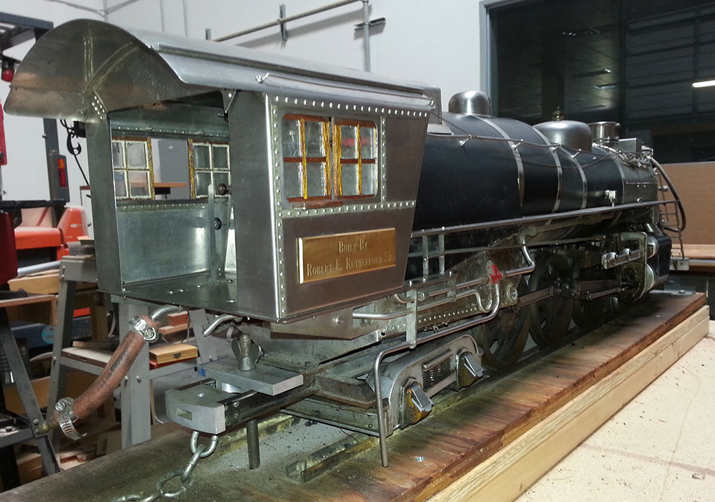 A close-up of the 3/4"-scale live steam 4-6-4 locomotive.