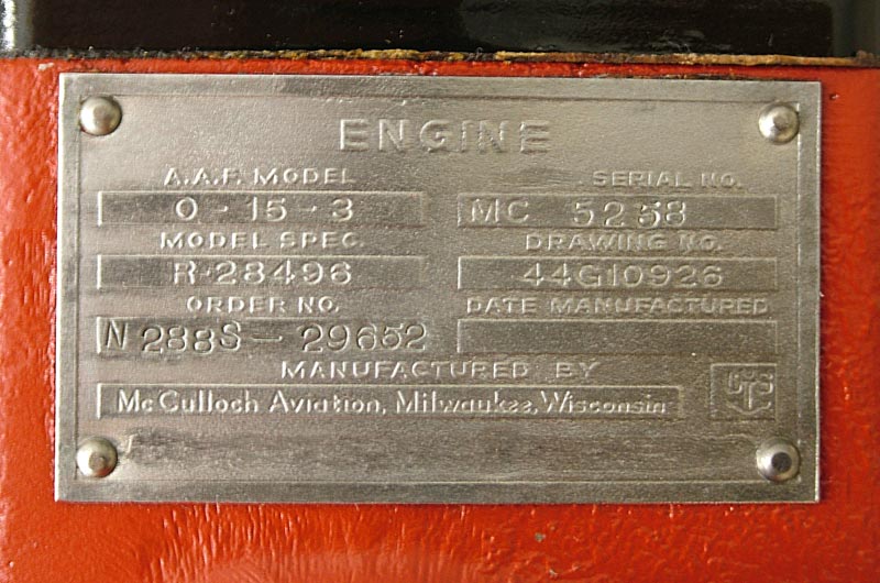 A close-up of the nameplate for the McCulloch drone engine. 