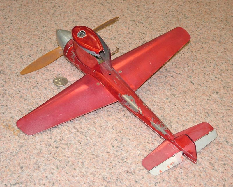A custom-built control line speed competition model airplane. 
