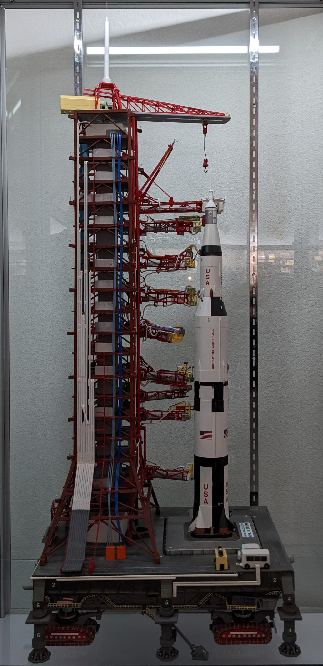 A model of the Saturn V Apollo 11 rocket with scratch-built mobile launch unit (MLU).